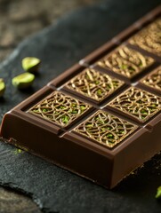 Aufkleber - Pistachio filled chocolate bar adorned with intricate arabesque patterns and golden highlights on a dark surface. Generative AI