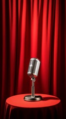 Poster - Vintage microphone stands on a small round table with a red tablecloth in front of a closed red curtain, creating a dramatic setting for a performance or recording