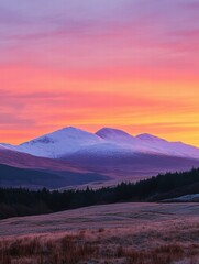 Aufkleber - Majestic mountain peaks illuminated by the soft glow of sunrise in a tranquil natural landscape. Generative AI