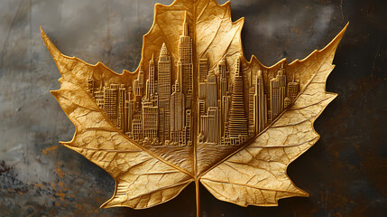 intricate urban landscape carving on a golden maple leaf. goldenleaf. illustration