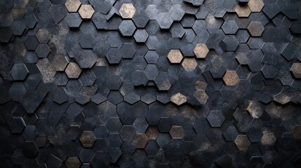 Poster - Abstract Design of Hexagonal Tiles in Blue, Gray, and Black