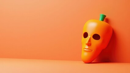 Poster - Carrot orange superhero mask on right. Soft yellow background. Copy space for text, 3D render AI Generated Designer Element