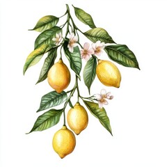 Wall Mural - Lovely watercolor painting showcasing yellow lemons, leaves, and blooms. Provided as a stock illustration.