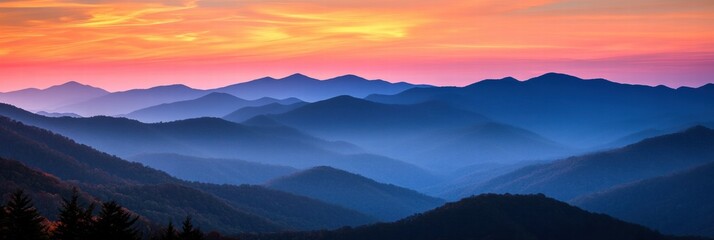 Poster - Majestic mountain peaks illuminated by colorful sunrise over distant hills and valleys in early morning light. Generative AI