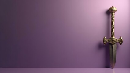 Poster - Ancient bronze sword on right. Soft pink background. Copy space for text, 3D render AI Generated Designer Element