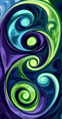 Poster - Green, blue, purple and light green swirls intertwining creating an abstract and psychedelic pattern recalling liquid paint mixing, perfect for backgrounds and decorative arts
