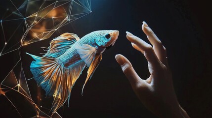 Poster - Woman interacting with colorful betta fish through augmented reality interface, showcasing innovative technology for animal observation and virtual pet experiences