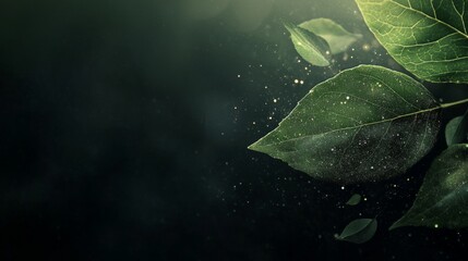 Poster - Green leaves are falling against a dark background, adorned with golden particles, creating a magical and enchanting atmosphere, perfect for projects related to nature, fantasy, or tranquility