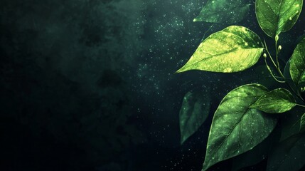 Poster - Glowing green leaves radiate against a dark, textured background, evoking a mystical and enchanting atmosphere while providing ample copy space for creative use