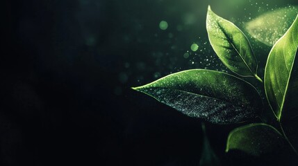 Poster - Close-up of vibrant green leaves, glistening with tiny dewdrops, creating a magical, ethereal atmosphere against a dark, mysterious backdrop, symbolizing nature's delicate beauty and resilience