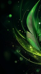 Poster - Green abstract feather shape floating on a dark background with glowing particles and streaks of light creating a magical and ethereal atmosphere