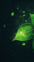 Poster - Green leaves are glowing and falling against a dark background, creating a magical and enchanting atmosphere, symbolizing nature, growth, and environmental awareness