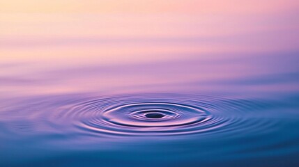 Poster - Concentric ripples expanding across a calm lake surface at sunset, creating a mesmerizing pattern infused with soft pink and purple hues, evoking tranquility and serenity