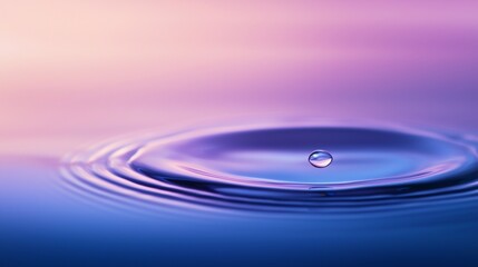 Poster - Close-up of a water droplet creating concentric ripples on a vibrant liquid surface, set against a soft gradient background of pink, purple, and blue hues