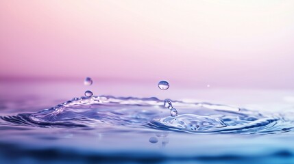 Poster - Clean water droplets are creating ripples and splashing on a calming gradient background, from pink to blue, representing purity, freshness, and tranquility