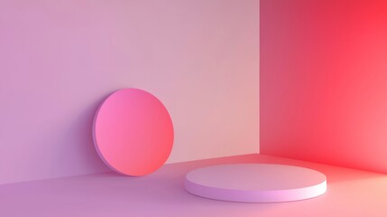 Poster - Minimalist abstract scene features a round podium and geometric shapes in shades of pink and purple, creating a modern and stylish backdrop for product displays or presentations