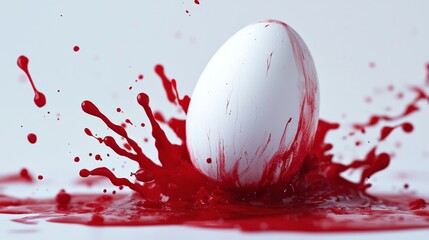 Poster - White egg splashing into thick red paint on white background, creating a dynamic splash with droplets and streaks of color, ideal for concepts related to art, food, and abstract visuals