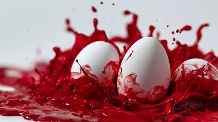 Poster - Three white eggs are partially submerged in vibrant red paint, creating a dynamic splash against a clean white backdrop, suggesting themes of chaos, creativity, or a unique approach to easter