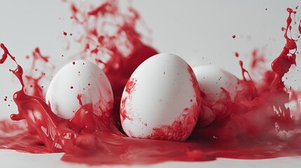 Poster - Three white eggs are partially submerged in a pool of vibrant red paint, with dynamic splashes and droplets creating a visually striking scene against a clean white backdrop