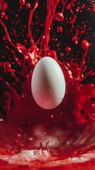 Poster - Red paint splashing onto a white egg suspended in mid-air against a deep black background, creating a striking and dynamic visual with vibrant colors and fluid motion
