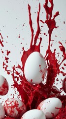 Poster - Several white eggs are being covered with splatters of vibrant red paint, creating a dynamic and artistic scene against a clean white backdrop
