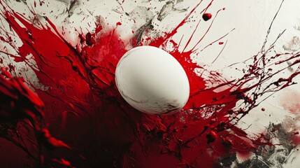 Poster - White egg lies on a canvas, covered in splashes and streaks of vibrant red paint, creating a striking contrast and an abstract representation of birth, chaos, or passion