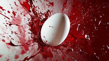 Poster - White egg is partially submerged in a vibrant red liquid, causing dramatic splashes and droplets to radiate outwards, creating a visually striking contrast against a white background