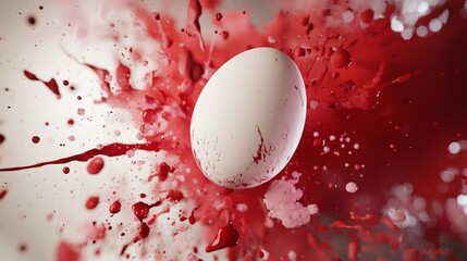 Poster - White egg covered with red paint splattering on a neutral background, creating a dynamic and artistic visual with droplets suspended in mid-air