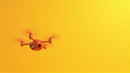 Poster - Orange drone hovering on left. Soft white background. Copy space for text, 3D render AI Generated Designer Element