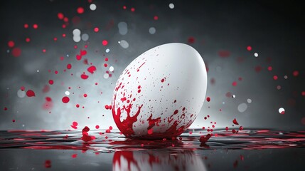 Poster - White egg splattered with vibrant red paint, creating dynamic splashes on a reflective surface. Small droplets form, enhancing the scene against a dark background