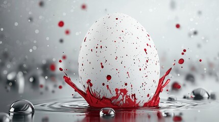 Poster - White egg splashing into vibrant red paint, creating a captivating visual spectacle with dynamic droplets and ripples, ideal for easter celebrations, artistic endeavors, or design projects