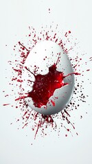 Poster - Red paint is exploding from a white egg creating splatters and droplets on a clean white background, perfect for easter or other spring celebrations