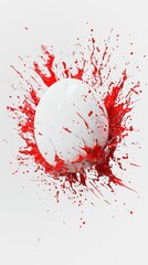 Poster - Red paint splattering on a white egg creating an explosive effect against a clean white background, ideal for conveying concepts related to easter, art, chaos, or destruction