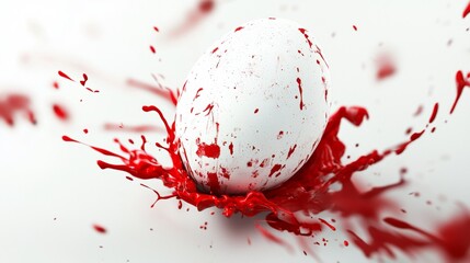Poster - Red paint splashing onto a white egg creates a vibrant and dynamic abstract visual against a clean white background, showcasing the interplay of color and texture in a striking composition