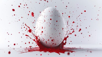 Poster - Red paint is splashing on a single white egg on a white background, creating an artistic and dynamic scene with droplets and splatters flying around