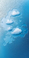 Poster - Several fluffy white clouds appear to be floating on a wet, textured, blue background covered in small, glistening water droplets, creating a dreamy and refreshing atmosphere