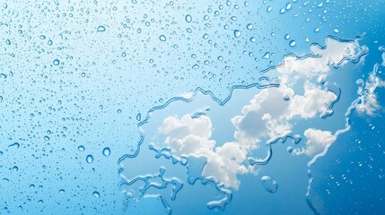 Poster - Water droplets are clinging to a glass surface, creating the illusion of a cloud shape against a backdrop of a sunny blue sky with fluffy white clouds