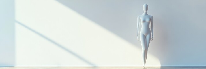 Fototapete - White mannequin standing in a bright atelier with sunlight beams creating shadows, perfect for showcasing fashion designs and clothing collections in a stylish and modern setting
