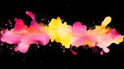 Poster - Pink and yellow paint is creating a vibrant and colorful splash against a stark black background, forming an abstract design with dynamic movement and artistic expression