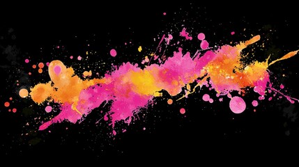 Poster - Vibrant pink and orange paint splatters energetically spreading across a deep black background, forming a dynamic and abstract visual design full of color and texture
