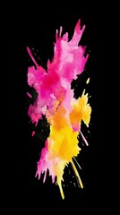 Poster - Pink and yellow watercolor paint splashes and splatters dynamically on a solid black background, creating an abstract design with vibrant colors and artistic expression