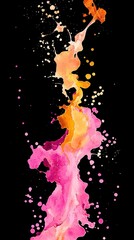 Poster - Pink and orange paint splashing across a black background, forming an abstract and vibrant design filled with dynamic splatters and drips that evoke energy and creativity