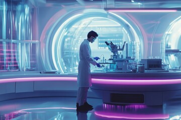 Poster - Scientist conducts research in a futuristic laboratory with neon lighting at twilight