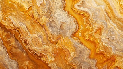 Poster - Polished yellow marble surface displaying intricate veins and cracks, creating a captivating natural pattern resembling a flowing landscape, suitable for backgrounds, textures, and design elements