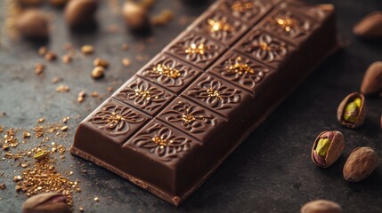 Aufkleber - Pistachio filled chocolate bar adorned with arabesque patterns and golden embellishments. Generative AI