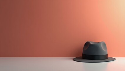 Poster - Charcoal gray detective's fedora on left. Soft blue background. Copy space for text, 3D render AI Generated Designer Element