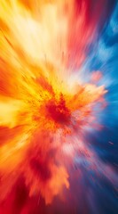 Poster - Vibrant explosion expanding outward, featuring a dynamic motion blur effect that creates an energetic visual with striking orange, red, and blue hues radiating throughout
