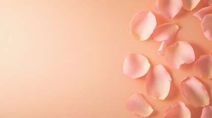 Poster - Soft pink rose petals are gently scattered across a peach colored backdrop, creating a romantic and delicate scene perfect for valentine's day, mother's day, weddings, or other spring celebrations
