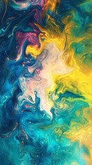 Poster - Fluid acrylic painting creating a mesmerizing blend of green, blue, yellow, and pink colors, forming an abstract design resembling a cosmic swirl or a marbled texture