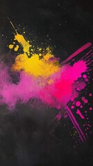 Poster - Pink and yellow paint splattering against a black background, creating a vibrant abstract modern art design filled with dynamic shapes and ample copy space for creative use